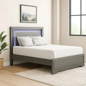 Aliso Queen Size Bed, LED Panel Headboard, Modern Metallic Gray