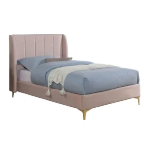Pevy Twin Size Bed, Tufted Wingback in Light Pink Velvelike Upholstery