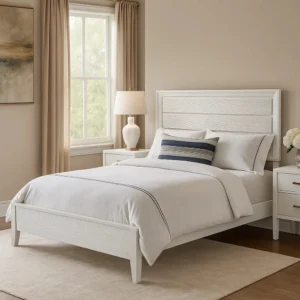 Tory California King Size Bed, Wave Texture and Mitered Corners, White