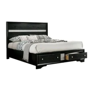 Cevy Queen Size Bed, Footboard Drawers, Black Wood w Glitter Accents