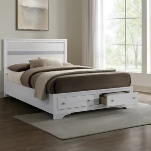 Cevy Full Size Bed, Footboard Drawers, White Wood w Glitter Accents