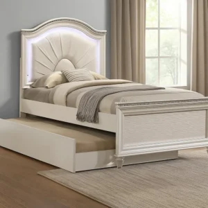 Jisoo Twin Size Bed, Pearl White Upholstery, Radial Arch Headboard