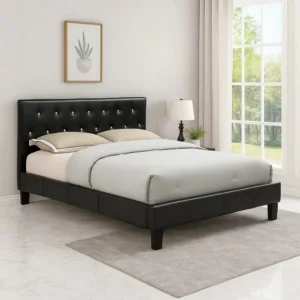 Legy Queen Size Bed, Button Tufted Black Faux Leather Upholstery