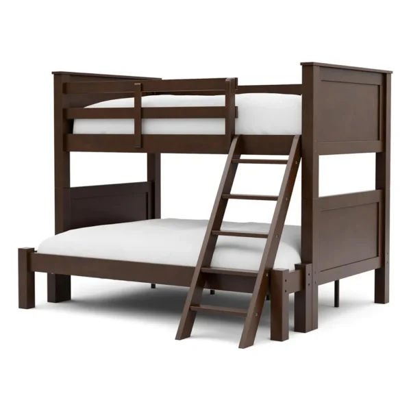 BM342408 Zedy Twin over Full Bunk Bed with Ladder and Guardrails, Walnut Brown