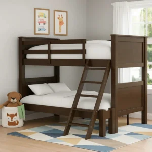 Zedy Twin over Full Bunk Bed with Ladder and Guardrails, Walnut Brown
