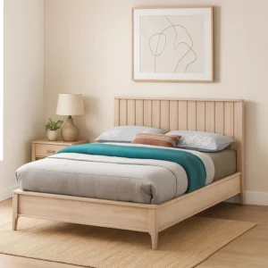 Vasu Twin Size Bed, Reeded Headboard, Whitewash Solid Rubberwood