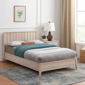 Vasu Full Size Bed, Reeded Headboard, Whitewash Solid Rubberwood