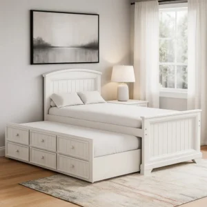 Toli Twin Captain Bed w Trundle, Drawers, White Curved Panel Headboard