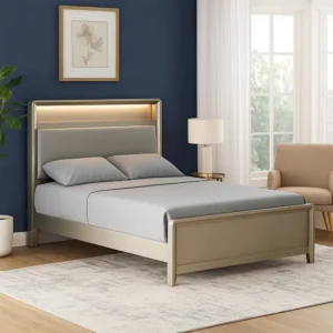 Broy Twin Size Bed w LED Bookcase Headboard, Champagne Silver Veneer
