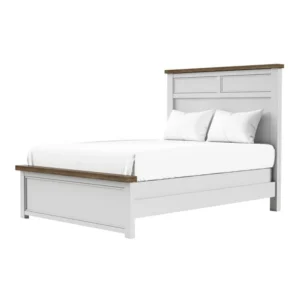 Tela Full Size Bed w Recessed Panel Headboard, Dark Brown Trim, White