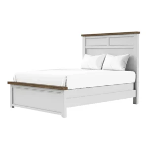 Tela Twin Size Bed w Recessed Panel Headboard, Dark Brown Trim, White