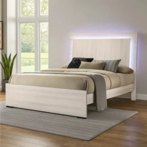 Hyao Queen Size Bed w LED on Headboard, Antique White Wash Finsih