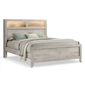 Miot Queen Size Bed w Headboard Shelves, Weathered White Wash Tone