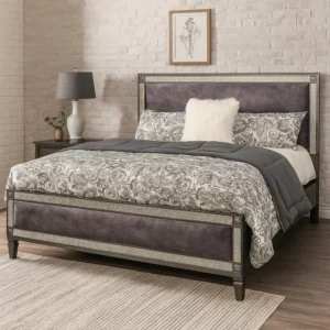 Laine Queen Bed, Glam Crystal Acrylic Trim, Gray Fabric Upholstered