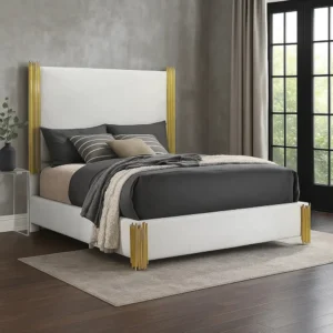 Dyl Queen Bed, Soft Foam Upholstered, White Fabric, Gold Accent Posts