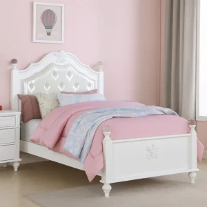 Bela Twin Size Bed w Button Tufted Headboard, White Faux Leather