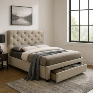 Sya Twin Size Bed w Button Tufted Upholstery, Underbed Storage, Beige