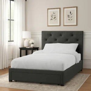 Sya Twin Size Bed w Tufted Headboard, Underbed Storage, Dark Gray