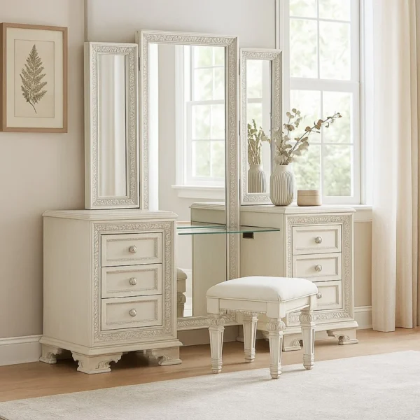 Miamy Vanity Set, 6 Drawers, Padded Stool, LED Mirror, Creamy White