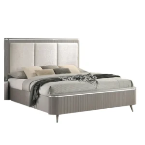 BM342501 Gema Queen Bed, Channeled Upholstery, Reeded w Silver Line, Light Gray
