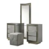 BM342508 Vino 3pc Vanity Dressing Table Set w Stool, Gray, Satin Fabric, Rubberwood
