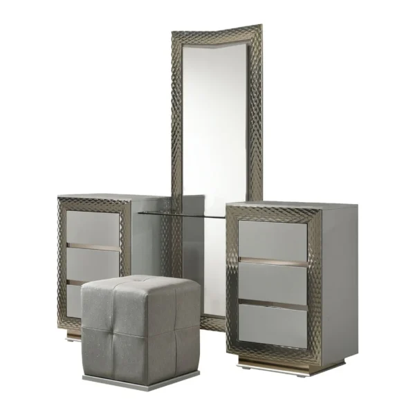 BM342508 Vino 3pc Vanity Dressing Table Set w Stool, Gray, Satin Fabric, Rubberwood