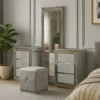 BM342508_6 Vino 3pc Vanity Dressing Table Set w Stool, Gray, Satin Fabric, Rubberwood
