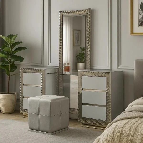 BM342508_6 Vino 3pc Vanity Dressing Table Set w Stool, Gray, Satin Fabric, Rubberwood