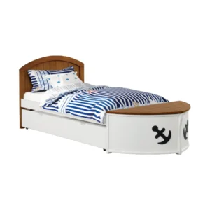 BM342532 Evon Twin Captain Bed w Trundle, White, Oak Brown, Nautical Coastal Theme