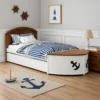 Evon Twin Captain Bed w Trundle, White, Oak Brown, Nautical Coastal Theme