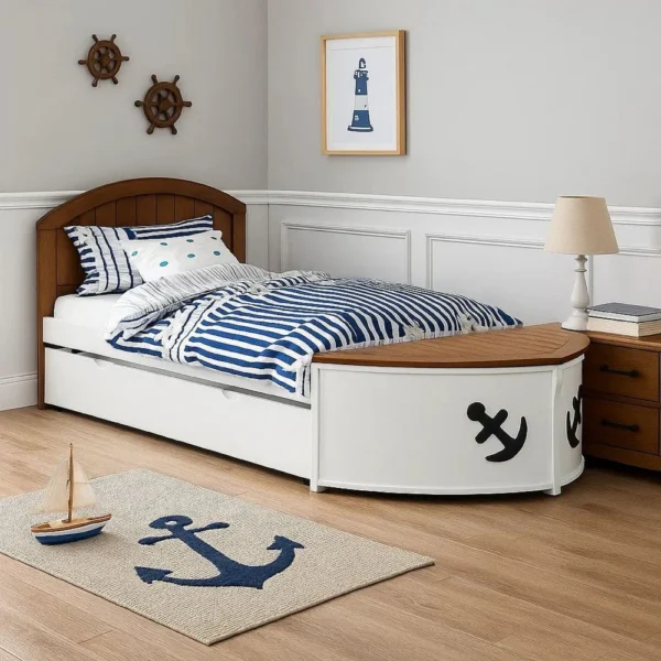 Evon Twin Captain Bed w Trundle, White, Oak Brown, Nautical Coastal Theme