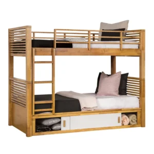 Dilu Twin over Twin Bunk Bed, Light Oak Brown Hardwood, Reversible Ladder