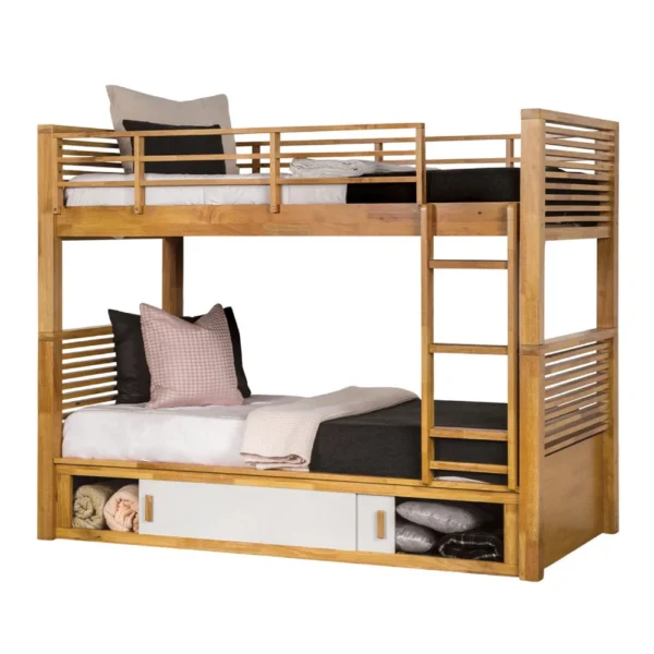 BM342535_1 Dilu Twin over Twin Bunk Bed, Light Oak Brown Hardwood, Reversible Ladder