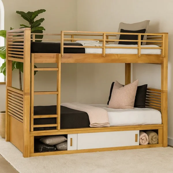 BM342535_5 Dilu Twin over Twin Bunk Bed, Light Oak Brown Hardwood, Reversible Ladder
