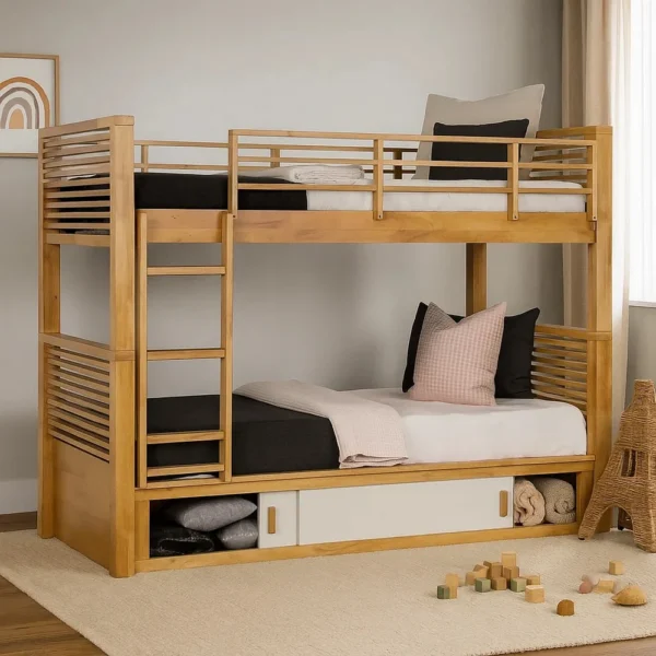 BM342535_6 Dilu Twin over Twin Bunk Bed, Light Oak Brown Hardwood, Reversible Ladder