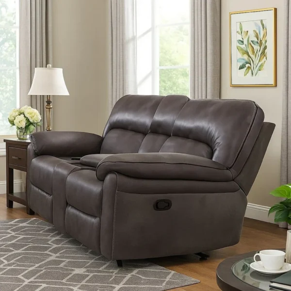 Josy Manual Recliner Loveseat with Console, Dark Gray Faux Leather, 77 Inch