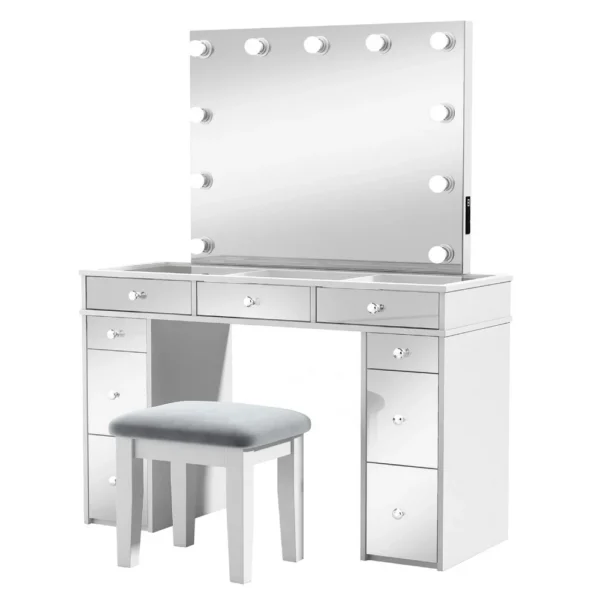 Margo Vanity Set with Lighted Mirror and Padded Stool, White-Gray