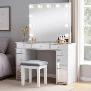 Margo Vanity Set with Lighted Mirror and Padded Stool, White-Gray