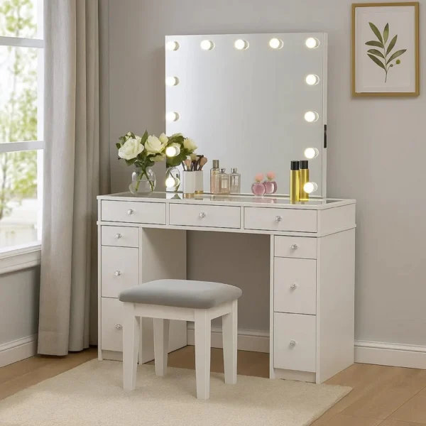 Margo Vanity Set with Lighted Mirror and Padded Stool, White-Gray