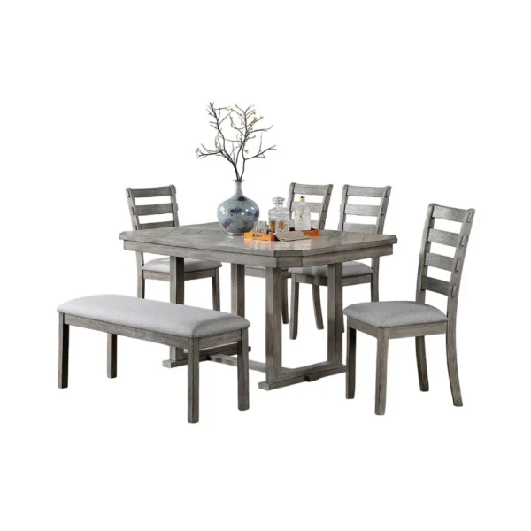 BM344923 Lais 6pc Dining Table Set with Bench, 4 Ladderback Chairs, Rustic Gray