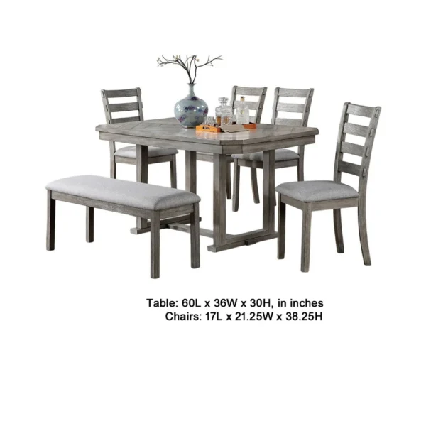 BM344923_4 Lais 6pc Dining Table Set with Bench, 4 Ladderback Chairs, Rustic Gray