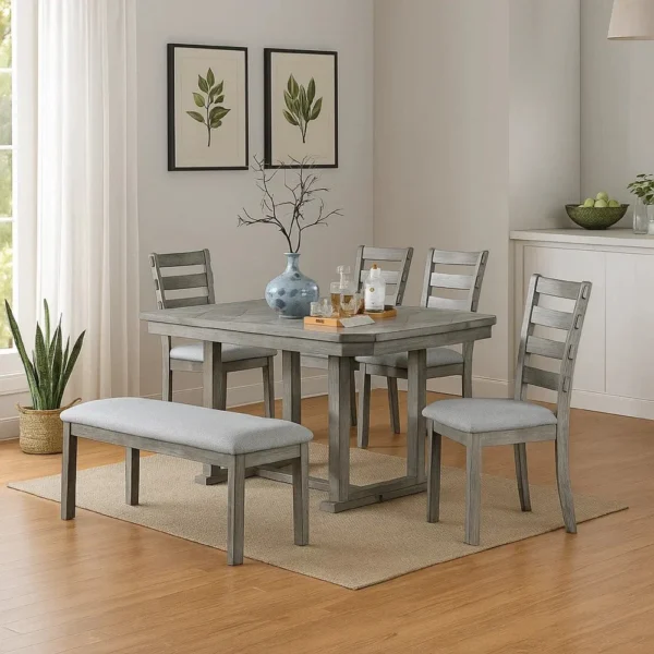 BM344923_5 Lais 6pc Dining Table Set with Bench, 4 Ladderback Chairs, Rustic Gray