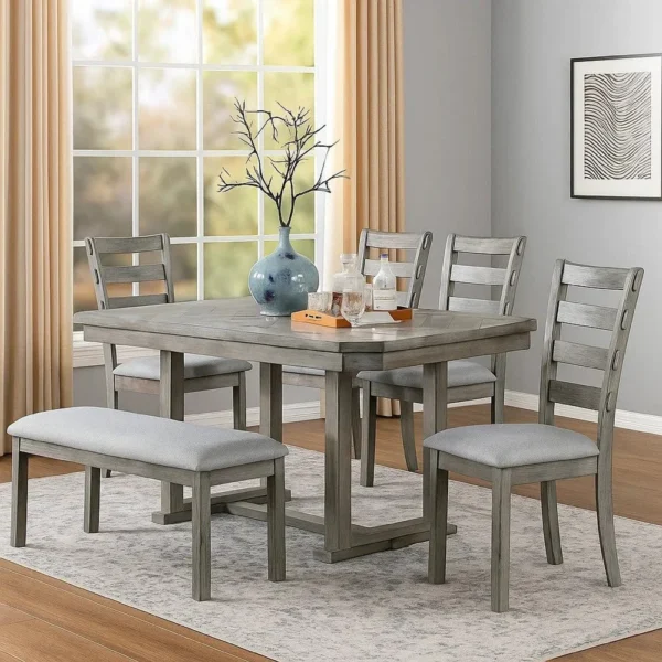BM344923_6 Lais 6pc Dining Table Set with Bench, 4 Ladderback Chairs, Rustic Gray