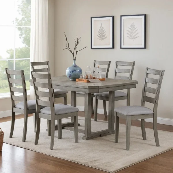 Lais 7pc Dining Table Set with 6 Ladderback Chairs, Rustic Gray
