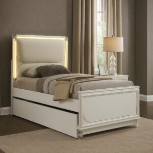 Dima Twin Size Bed with Pull Out Trundle and LED Headboard, Pearl White