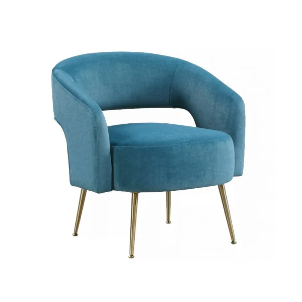Noel Accent Chair, Curved Open Back, Teal Blue Velvet, Gold Metal Legs