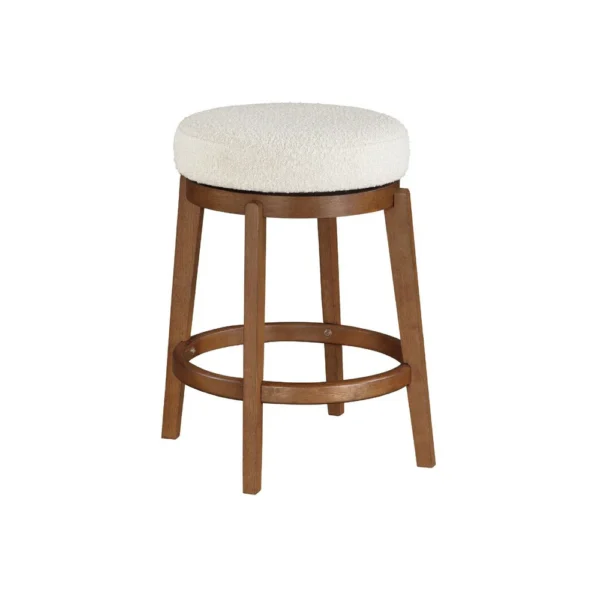 Lex Swivel Counter Stool, 27 Inch Backless, White Boucle, Brown Legs