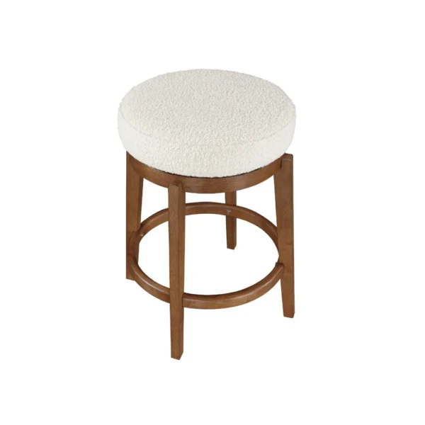 Lex Swivel Counter Stool, 27 Inch Backless, White Boucle, Brown Legs