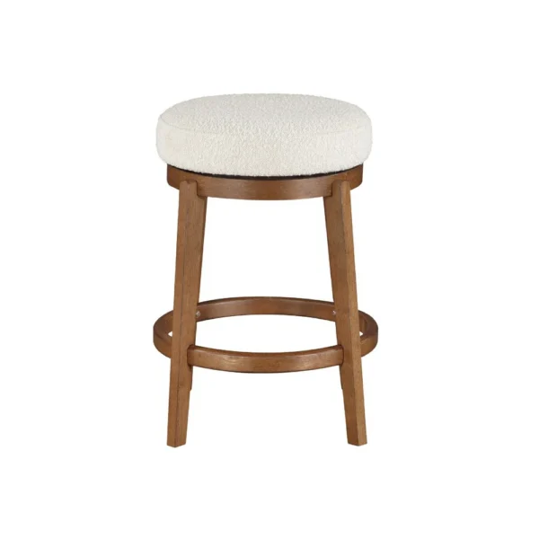 Lex Swivel Counter Stool, 27 Inch Backless, White Boucle, Brown Legs