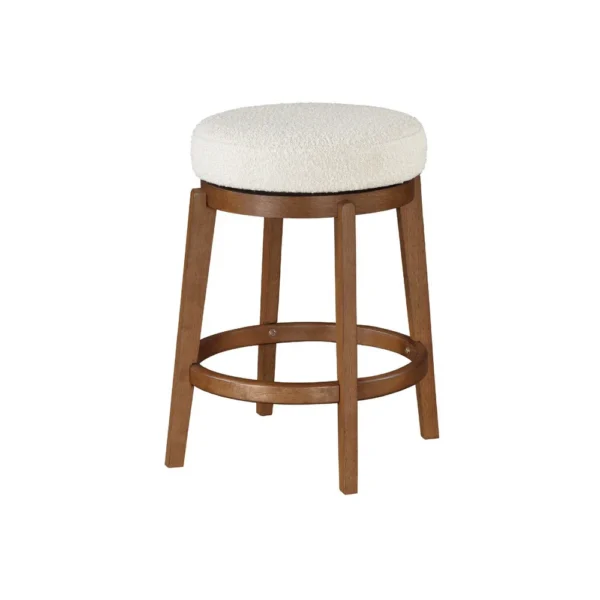 Lex Swivel Counter Stool, 27 Inch Backless, White Boucle, Brown Legs
